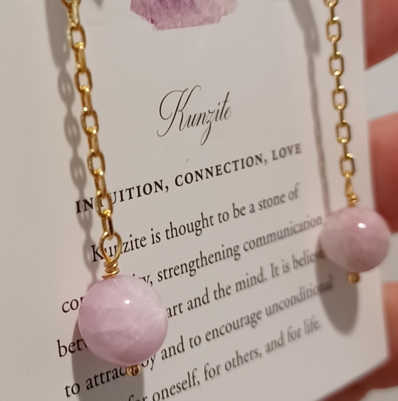 LUNA NORTE 14K GOLD PLATED BRASS KUNZITE GEMSTONE CHAIN EARRINGS - Picture 6 of 9